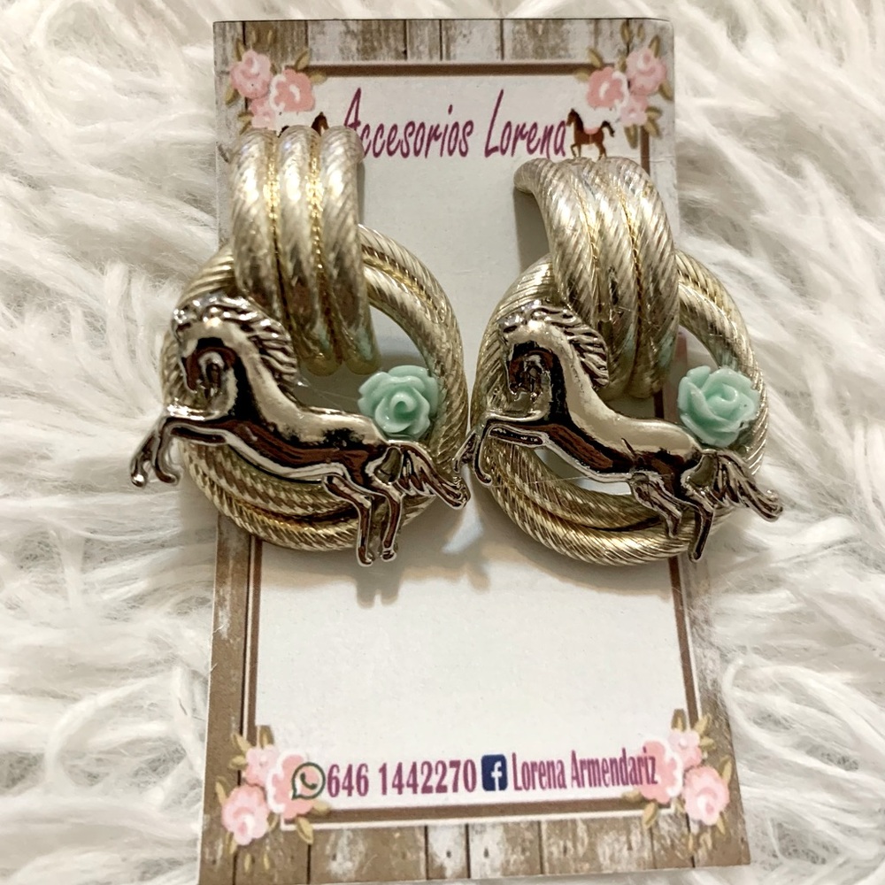 Large, wrap rope, horse cowgirl earrings with blue flower